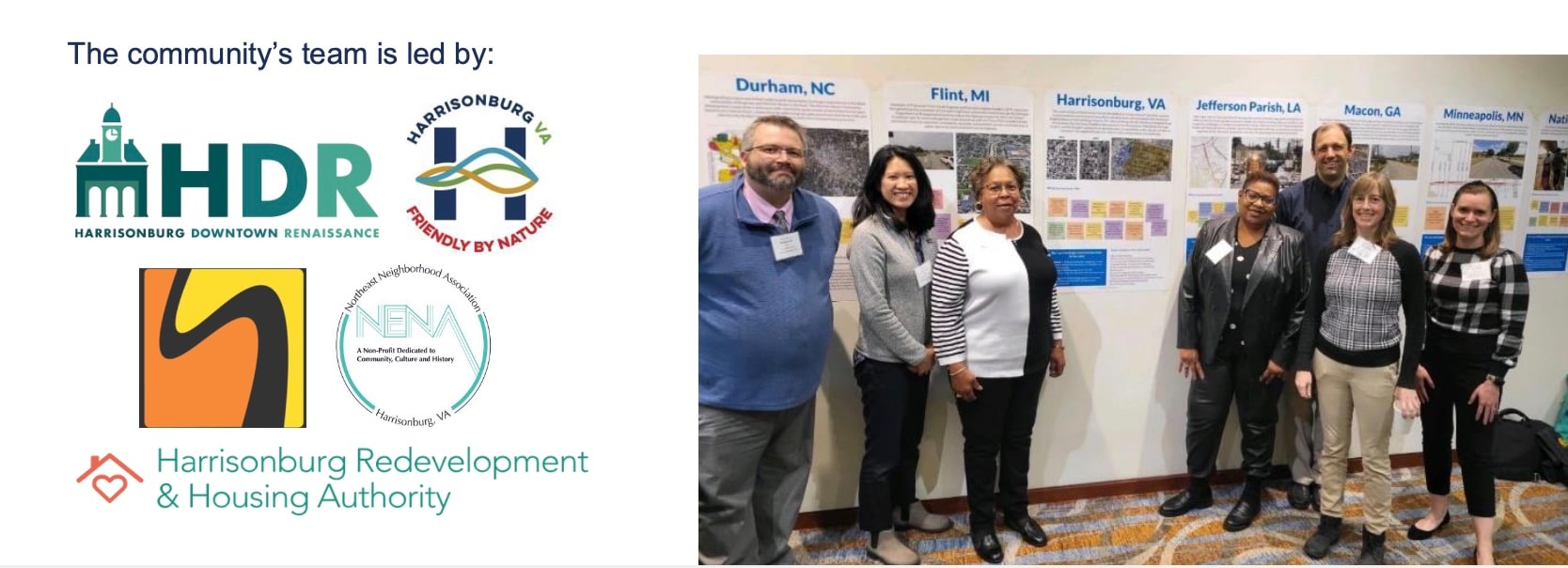 Members of the Community Connectors team standing together in front of project displays.