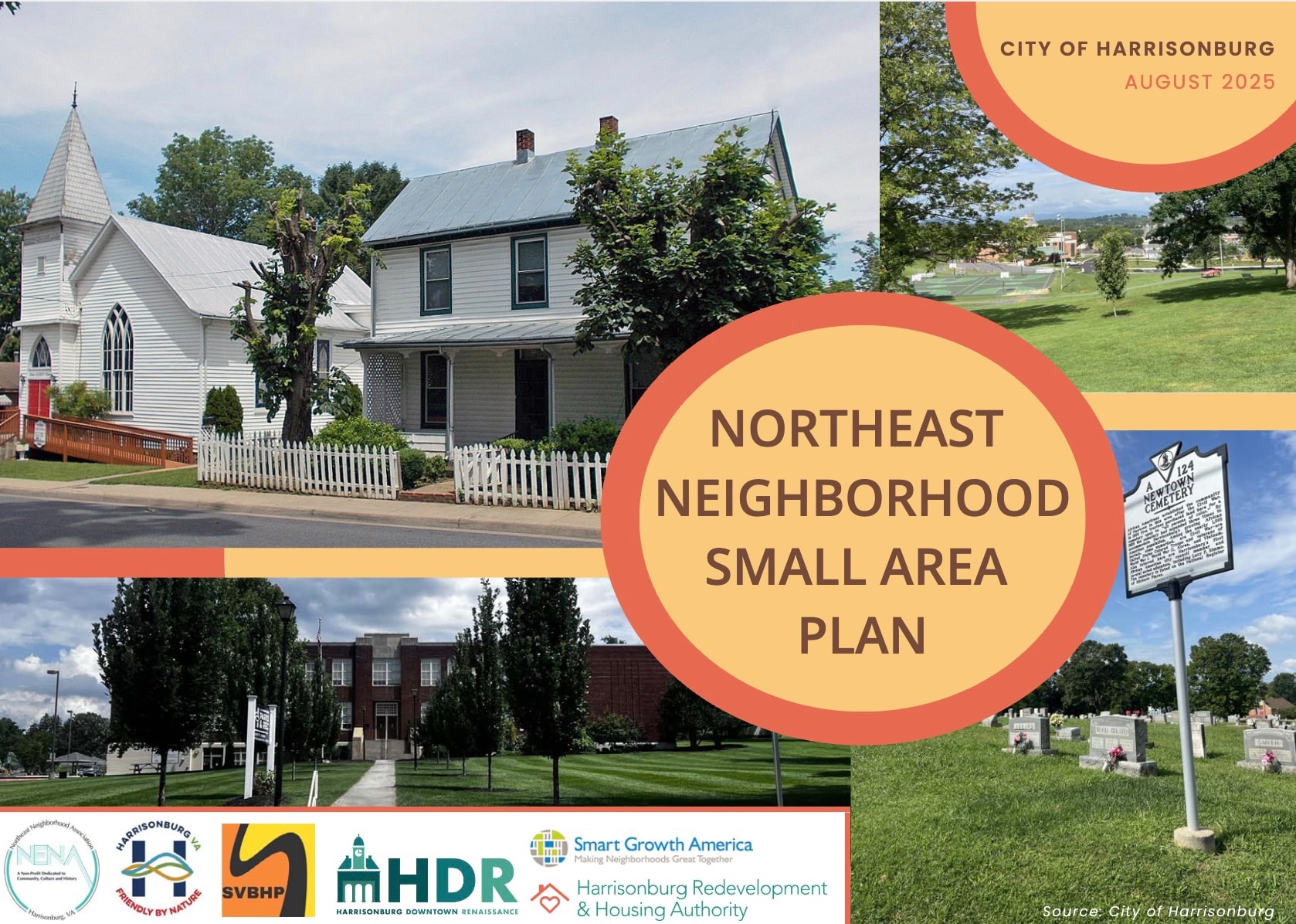 Northeast Neighborhood Small Area Plan collage showing local historic places, neighborhood landmarks, and partner organizations.