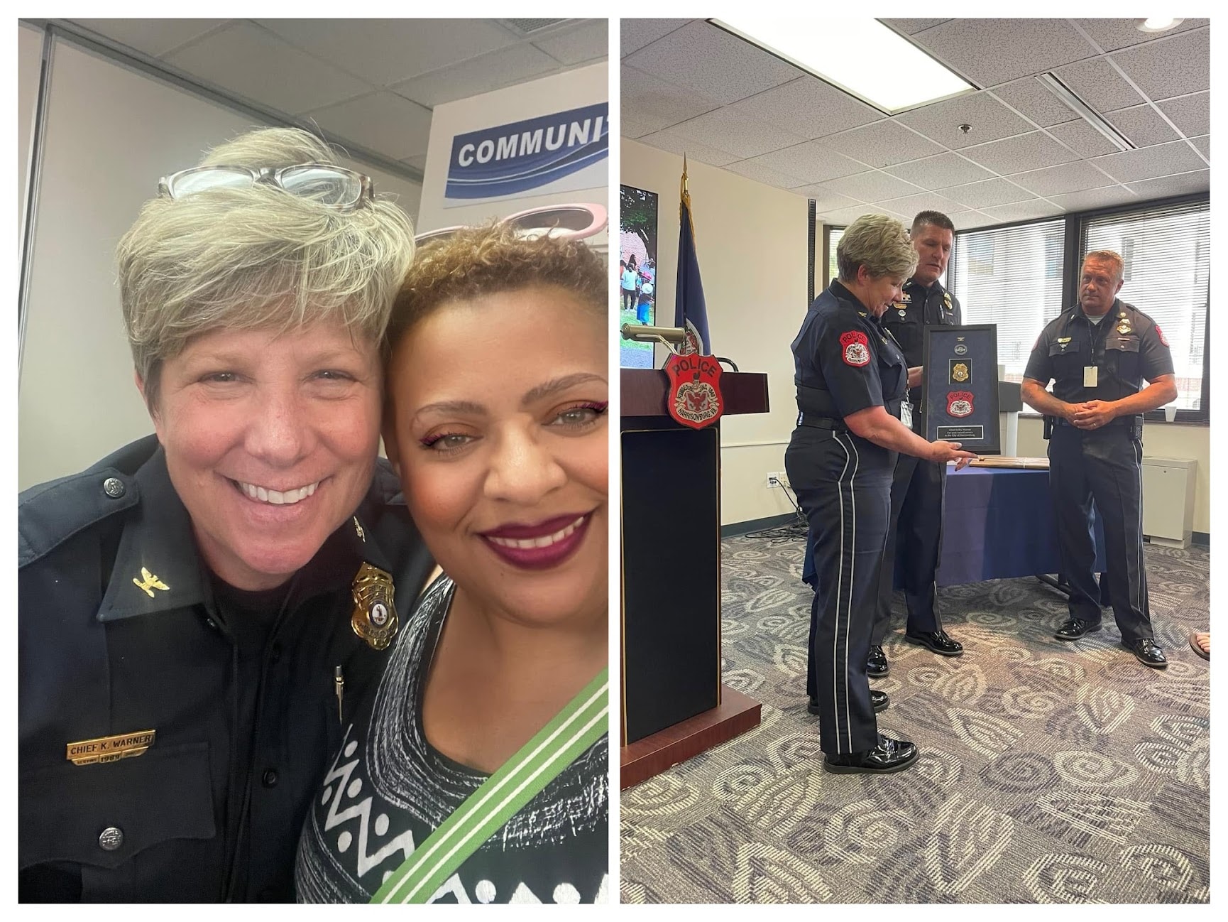 Monica Robinson with Harrisonburg public-safety leaders during community recognition events.