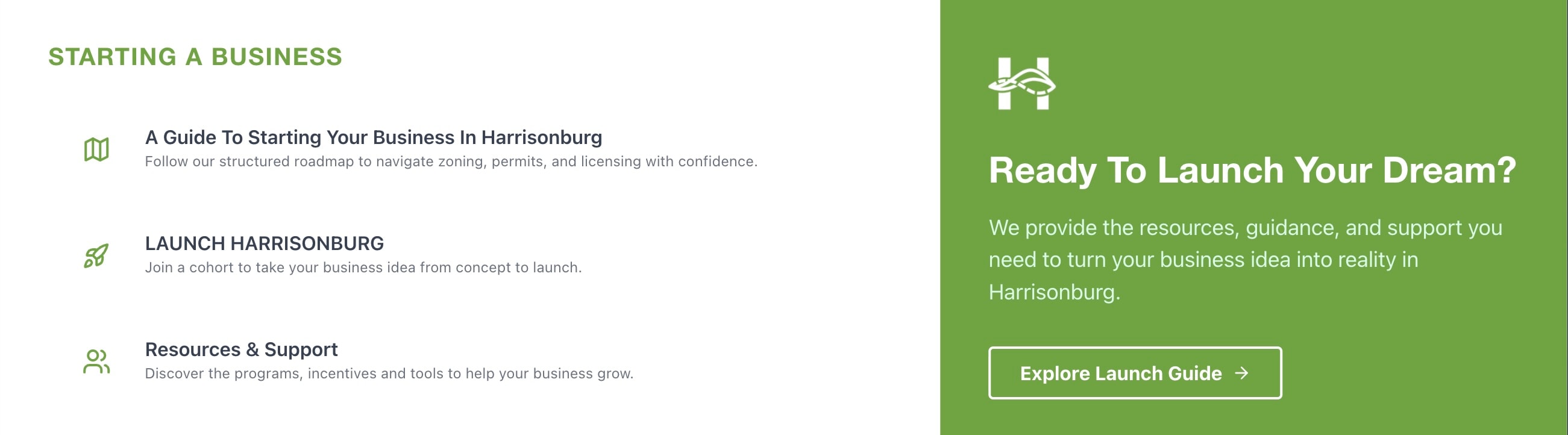Launch Harrisonburg resource page offering guidance and support for starting a business in Harrisonburg.